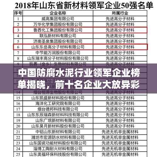 中国防腐水泥行业领军企业榜单揭晓,前十名企业大放异彩